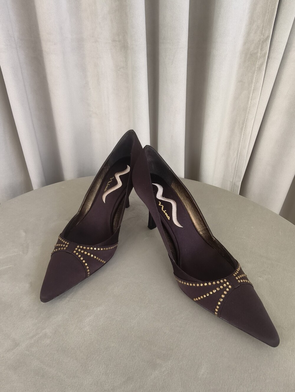 Vintage Mina Dark Brown Women's Pointed Toe Studded Satin Pumps